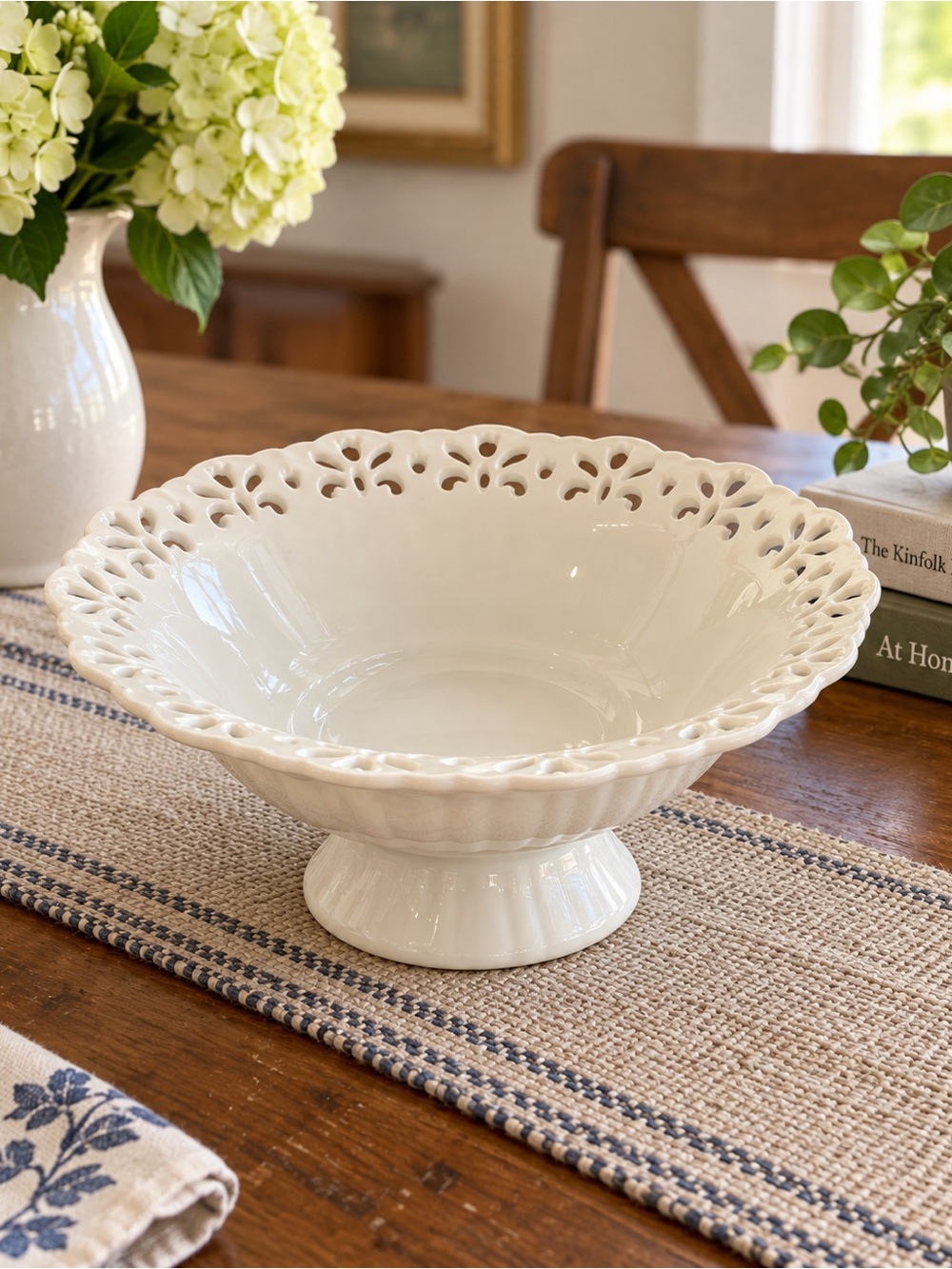 Pier 1 Doily White Porcelain Pierced Lace Footed Pedestal Bowl